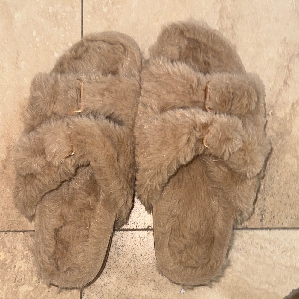 FITORY Womens Open Toe Slipper with Cozy Lining,Faux Rabbit Fur Cork NWOT 9